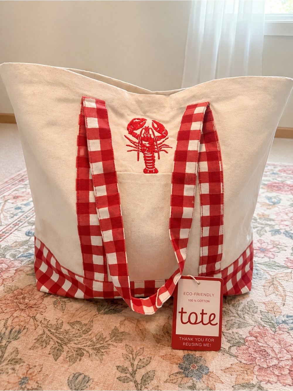 NWT Coastal Lobster Canvas Tote Bag Red Gingham Beach Picnic Market Bag